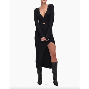 Good American Shine Rib VNeck Cardigan long sleeve button ribbed woman shirt BLK